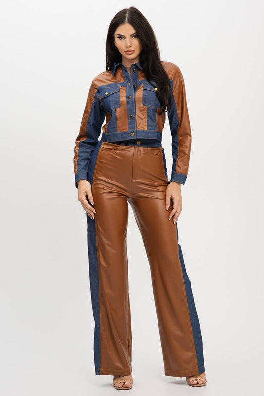 Plus Pu Denim Contrast Jackets And Pants Set